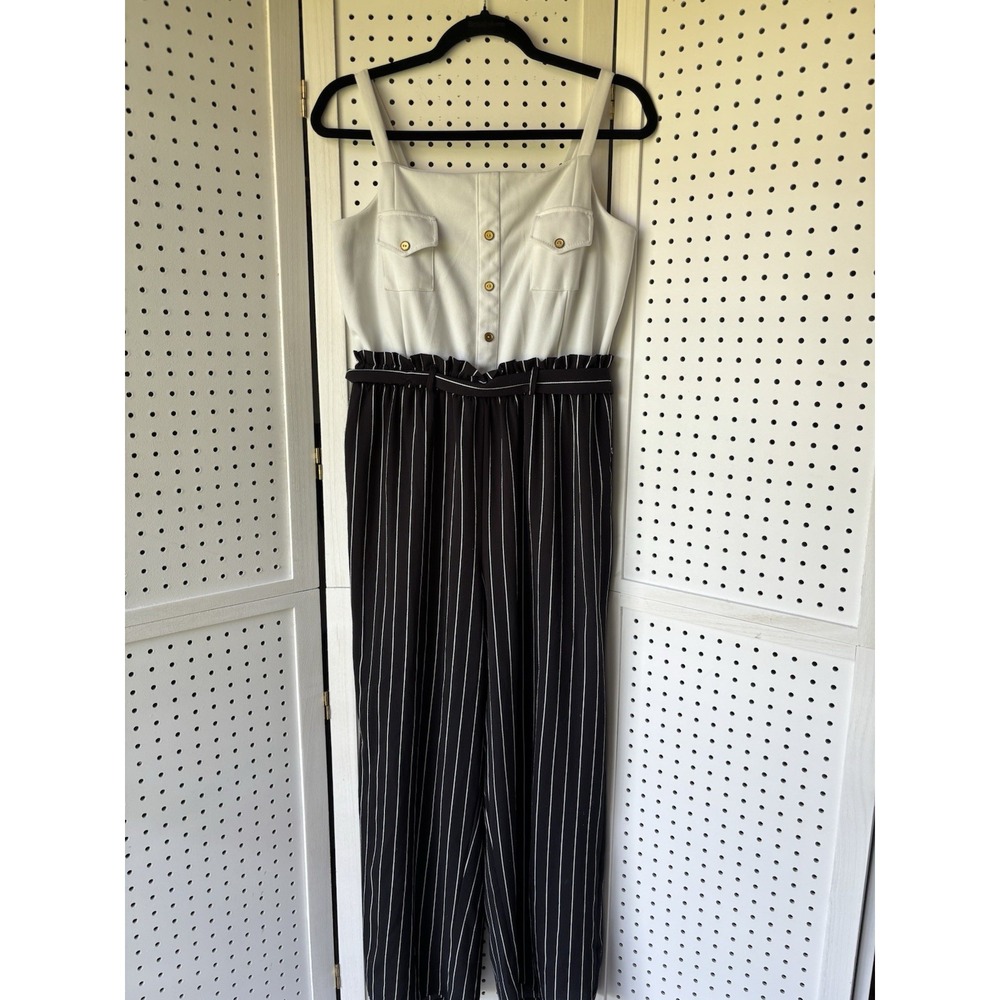 Striped Black & White Jumpsuit with Button-Front Bodice